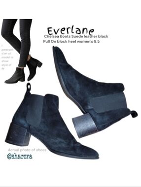 Everlane Women Chelsea Boots Black Suede leather Pull On block heeled Shoes 8.5